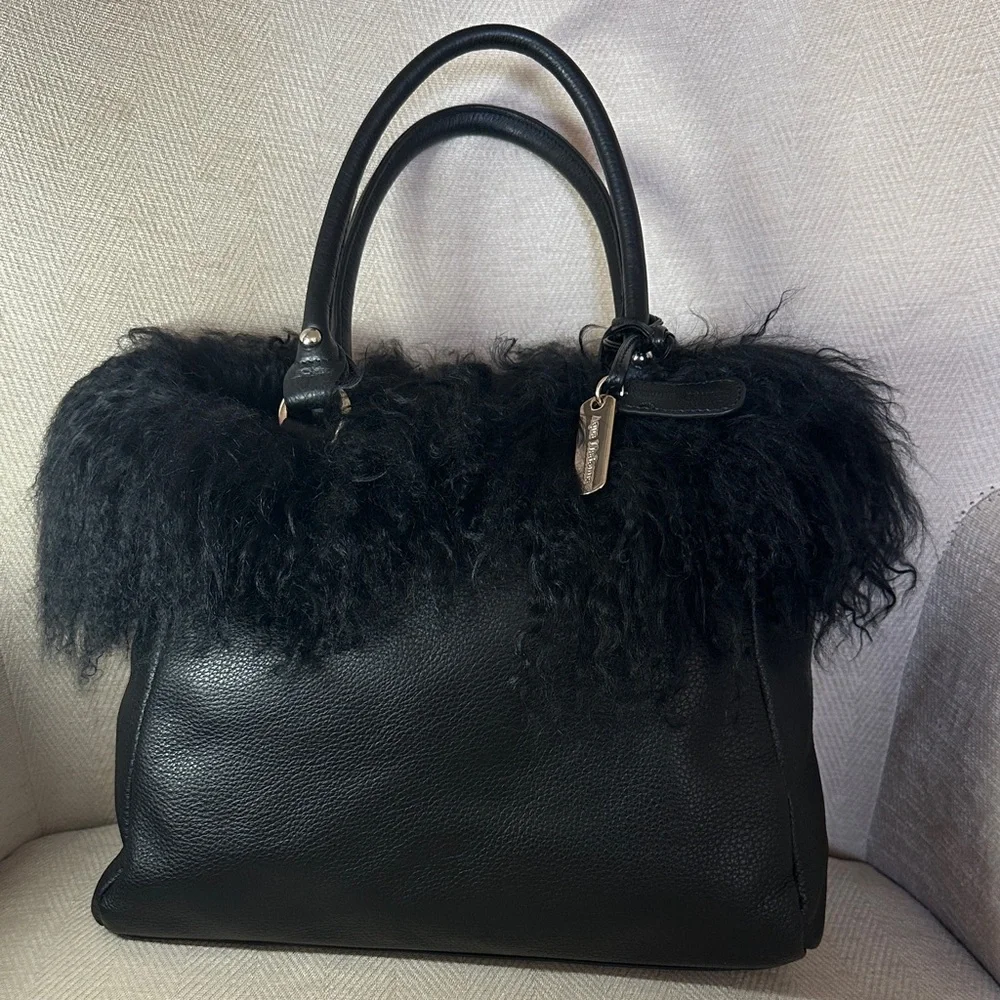 Aqua Madonna Elegant Black Satchel with Plush Fur Trim